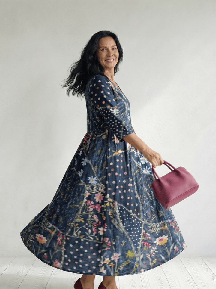 Zane™ Gather Floral Midi Dress by Emma & Rose Cape Town, featuring a flowy fabric with a floral pattern and midi length.