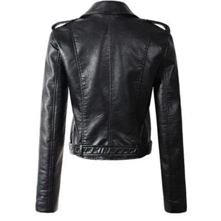 Cropped Belted Asymmetric Faux Leather Jacket, view 6 - Elena Harper