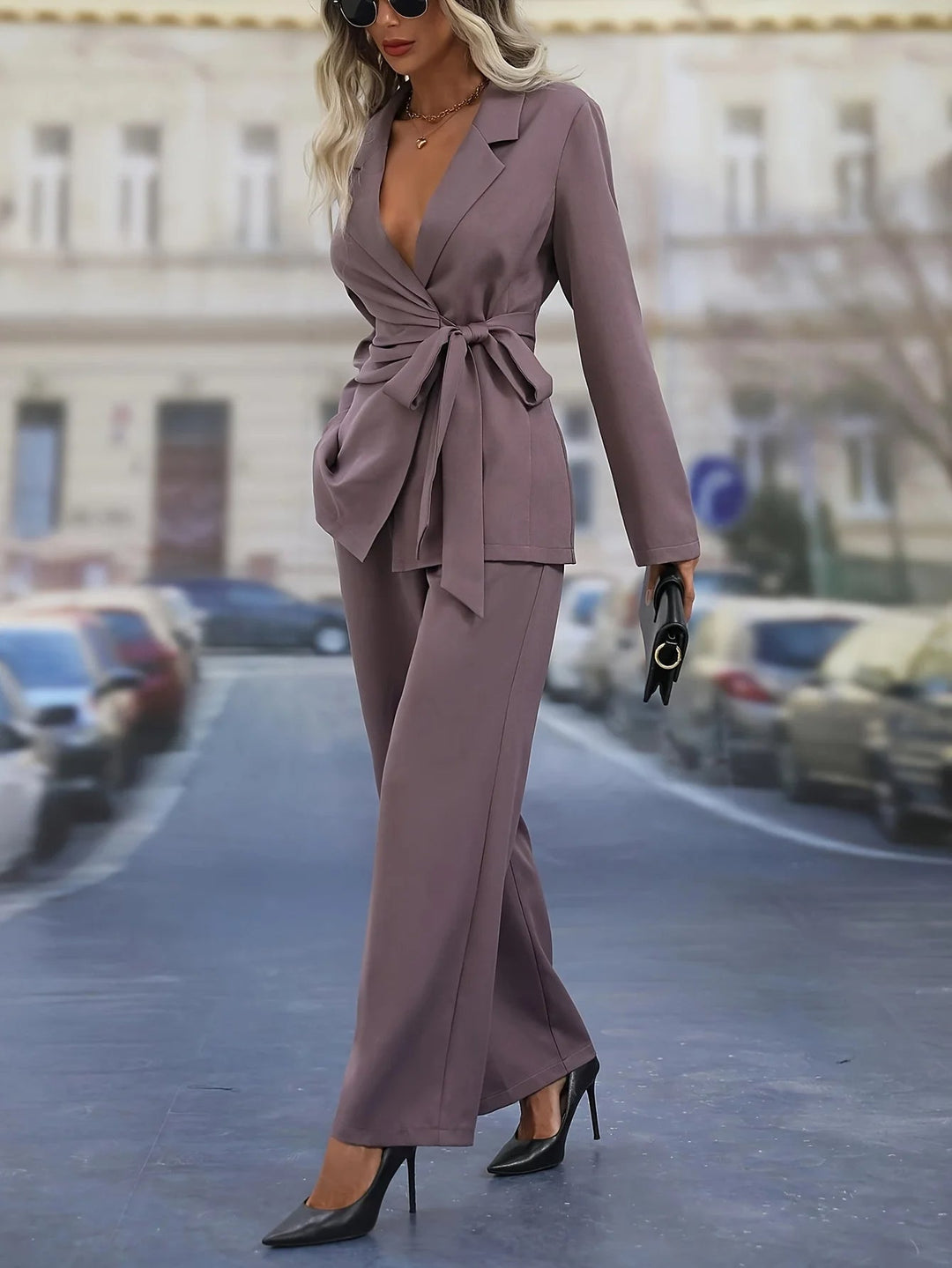 Women's Blazer Pants Set with Belted Wrap Jacket