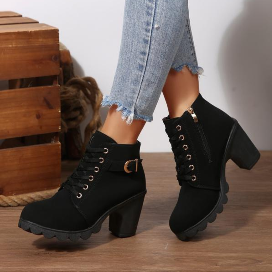 CATY Chic Lace-Up Metal Buckle Chunky Ankle Boots - Elena Harper