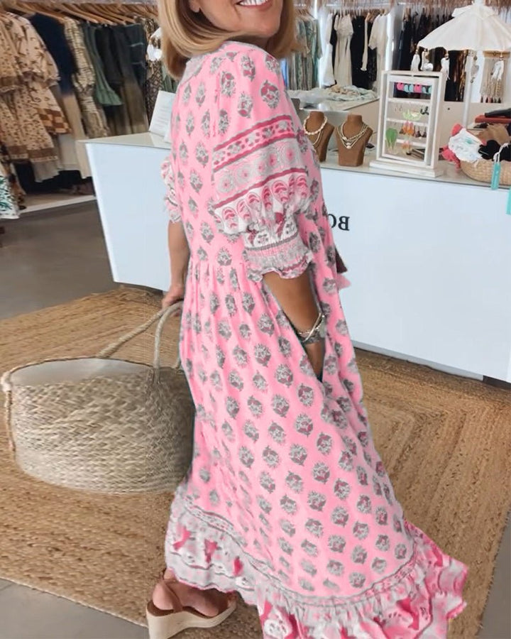 Elizabeth | Women's Boho Printed Tassel Tie Midi Dress
