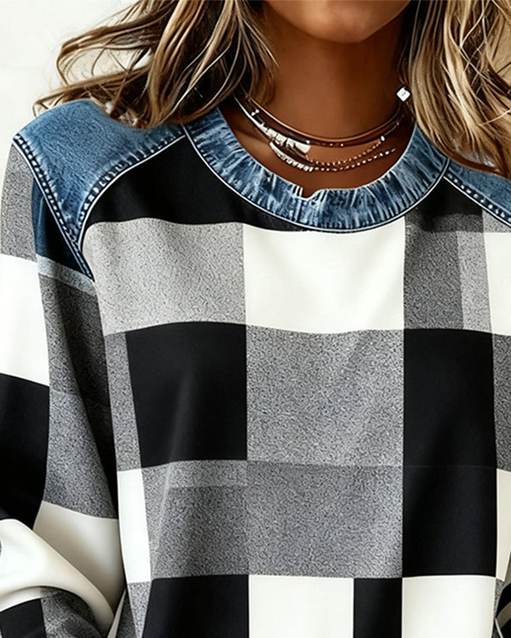 Oriane Sweatshirt with Checkered Patchwork and Contrasting Color, view 9 - Elena Harper