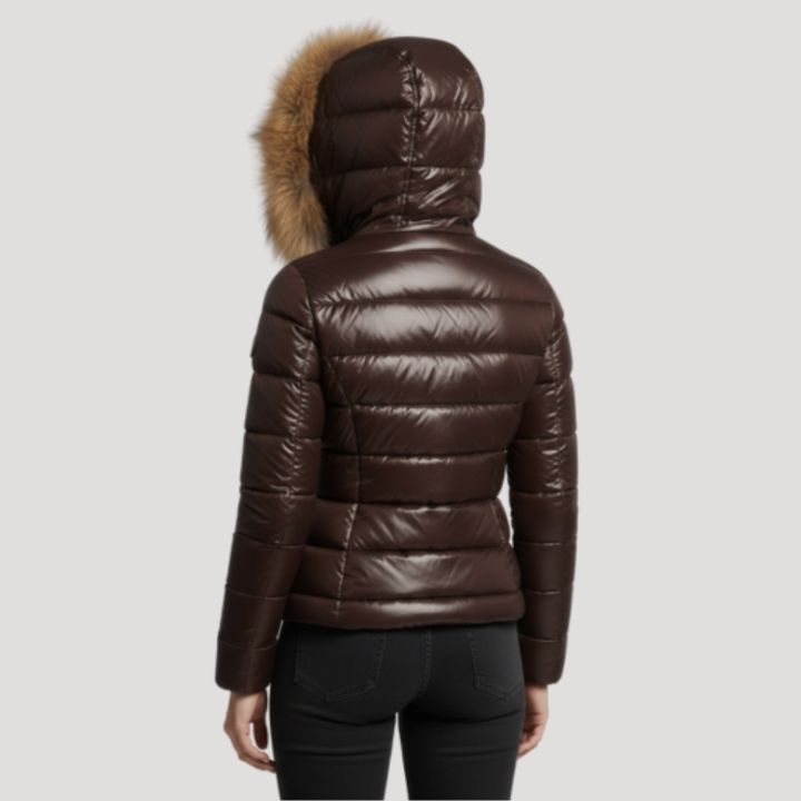 Shiny Women's Hooded Down Jacket with Faux Fur