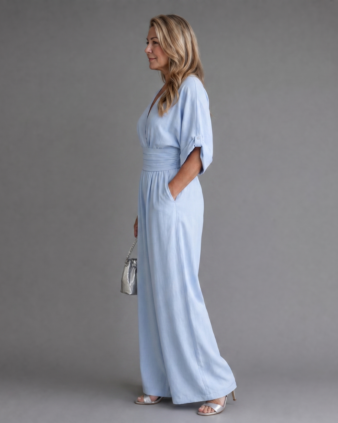 Emene Draped V Neck Wide Leg Relaxed Jumpsuit - Elena Harper
