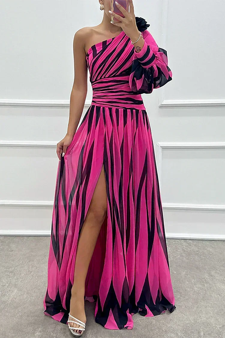 Women's Striped One-Shoulder Maxi Dress with Slit