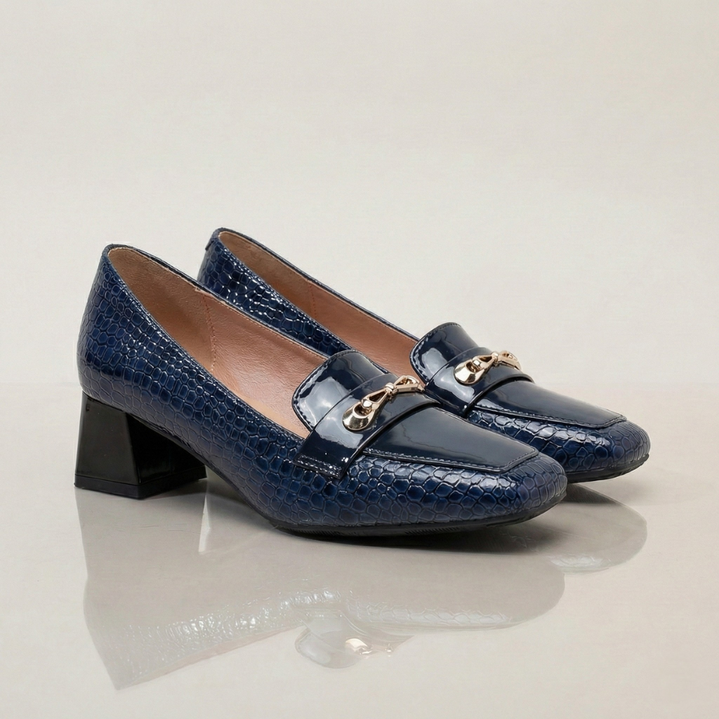 Women's Square Toe Pumps with Crocodile Effect Upper, Glossy Patent Finish, Wide Heel – Elegant Shoes