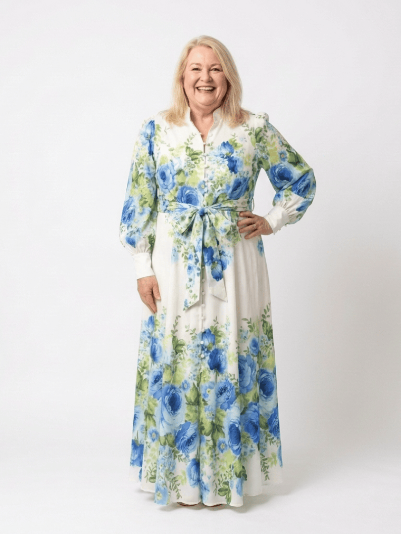 Emma & Rose Cape Town Harper™ button front maxi dress with flowing fabric and elegant design, showcased in a full-length image.
