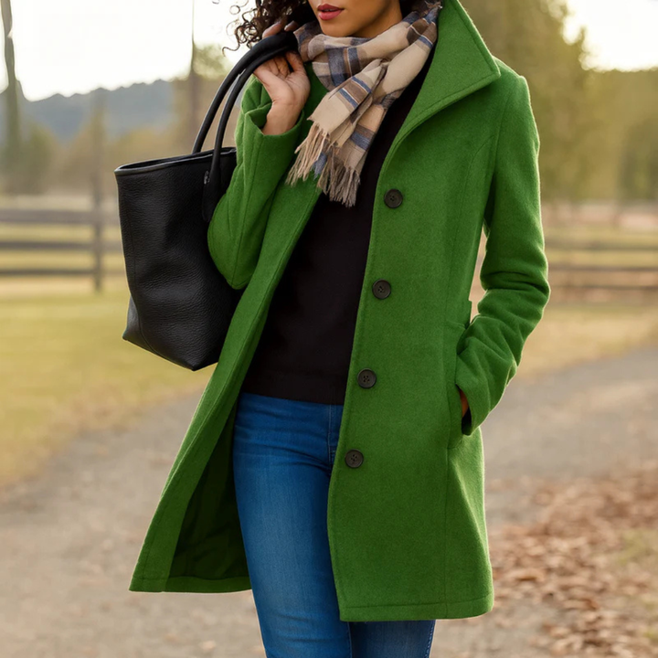 Elegant Long Buttoned Women's Coat with High Collar