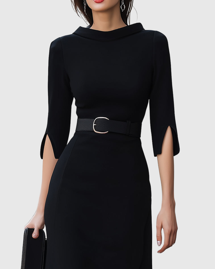 Blythewyn Classic Black Midi Dress, view 3 - Elena Harper