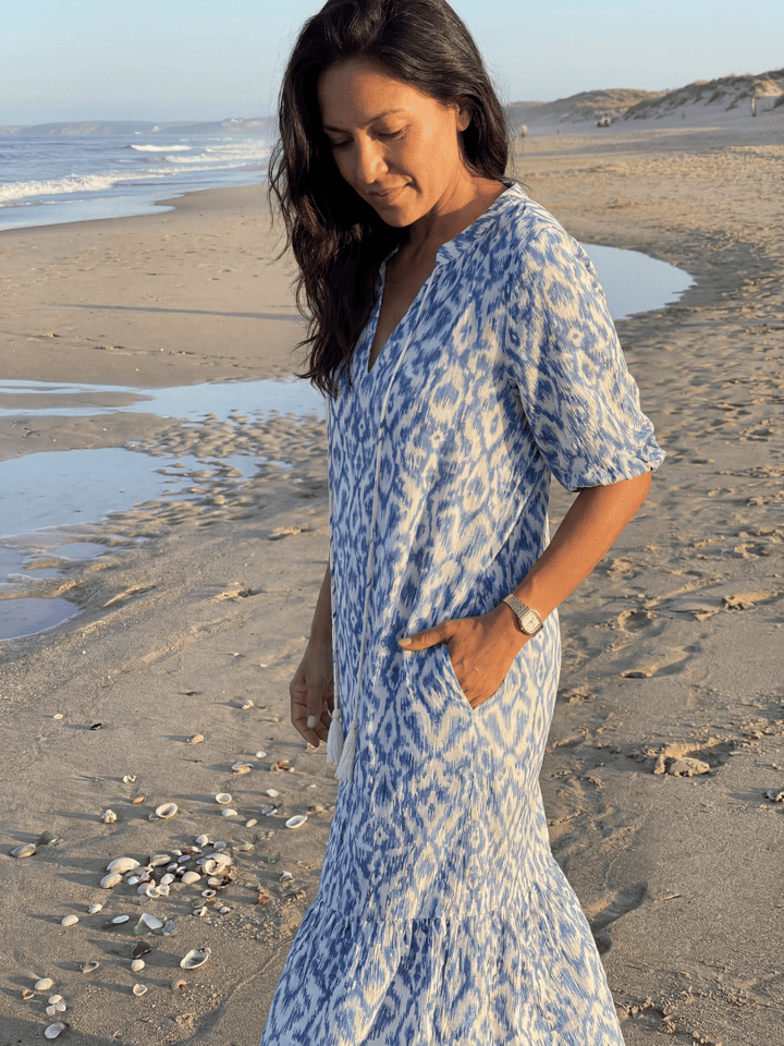 Emma & Rose Cape Town Jonah Coastal Midi Dress in flowing fabric, featuring a relaxed fit and nautical-inspired design.