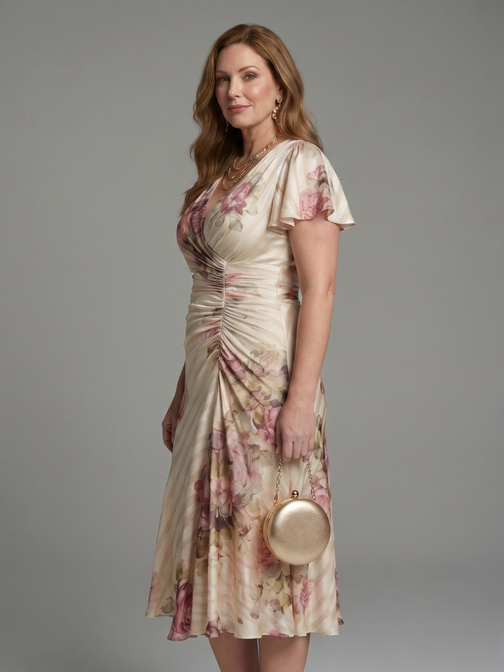 Women's Floral Wrap Midi Dress with Flutter Sleeves