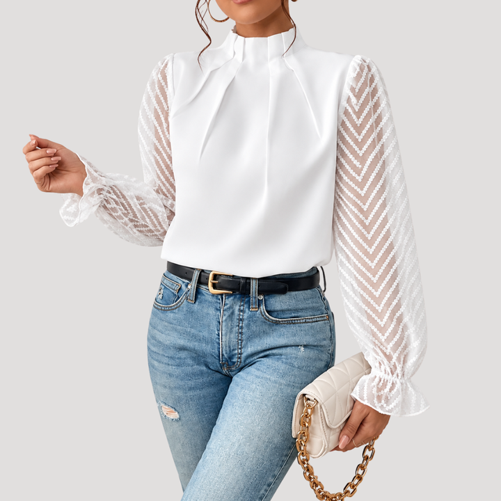 Women's Blouse with High Collar and Sheer Sleeves