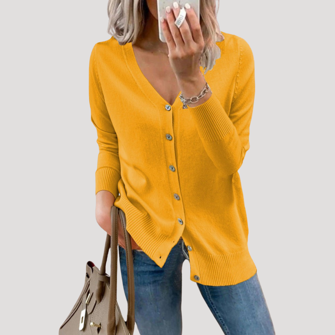 Women's V-Neck Knit Cardigan with Ribbed Cuffs