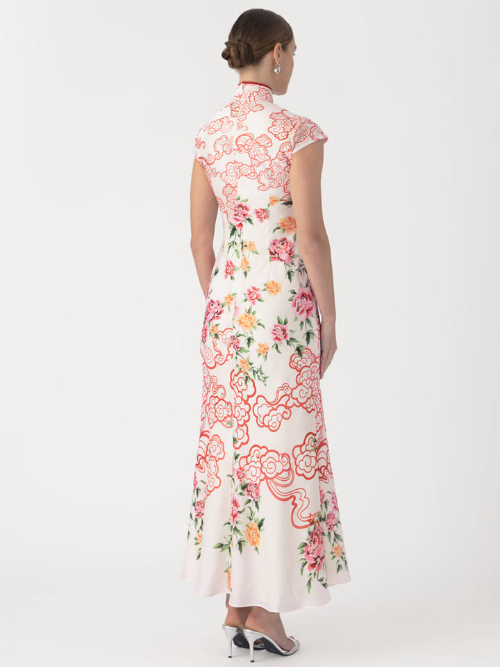 Cloud Peony Print Cheongsam Dress