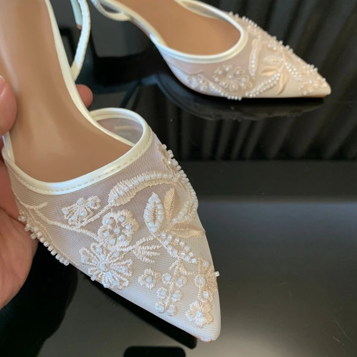 Embroidered Mesh Slingback Kitten Heels Pointed Toe