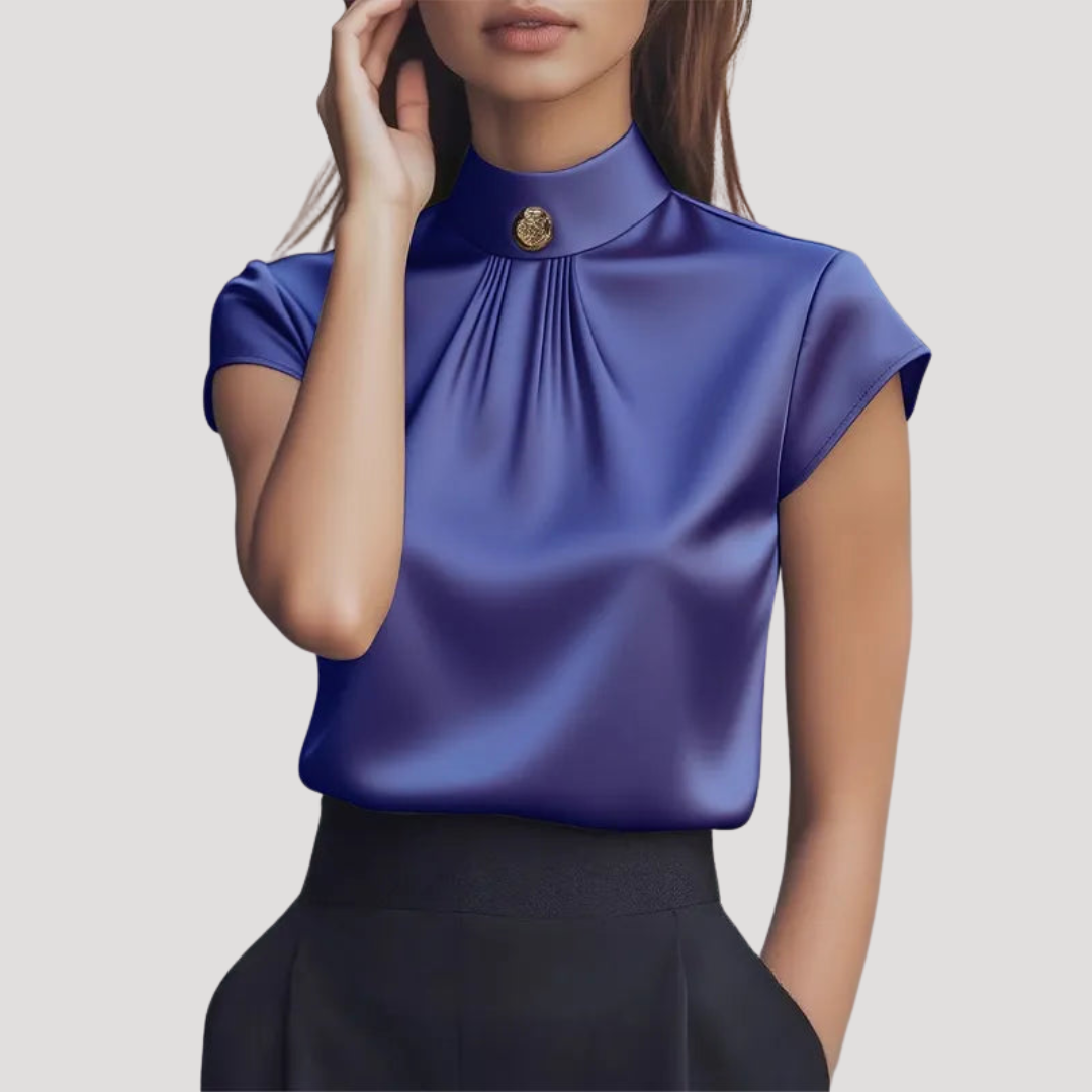 Elegant Women's High Collar Blouse Short Sleeves