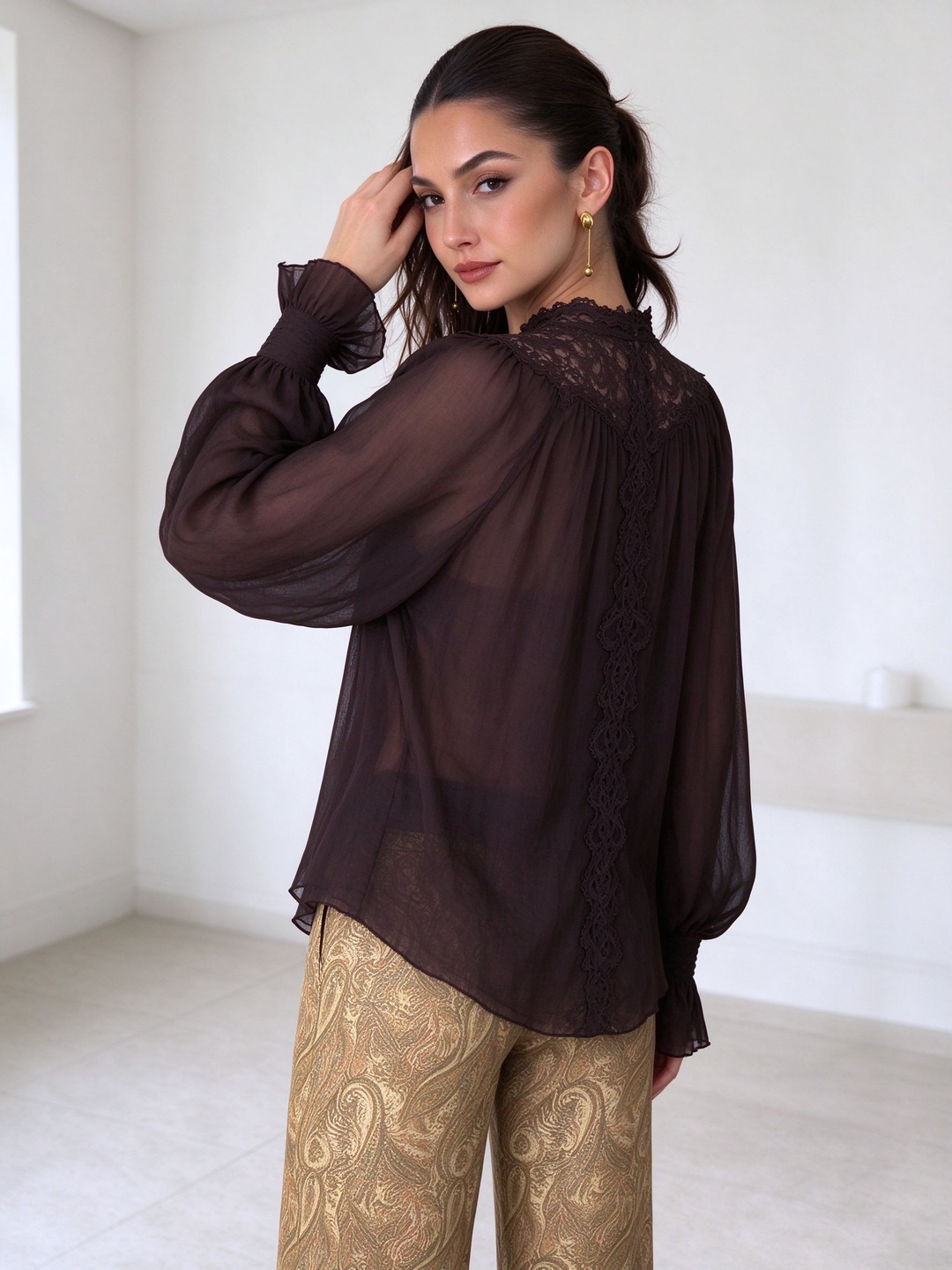 Bow Detail Lace Chiffon Blouse