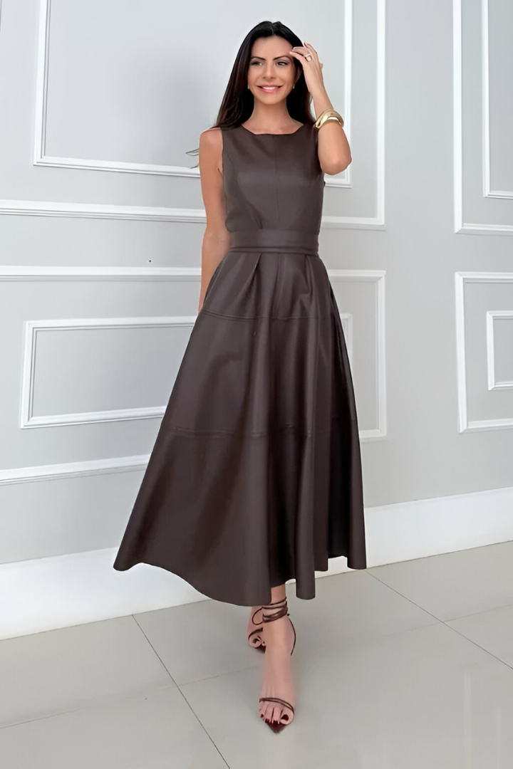 Kira Modern Stylish Leather-Look Dress, view 3 - Elena Harper