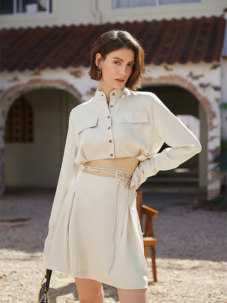 Button-Up Tie-Waist Skirt Set