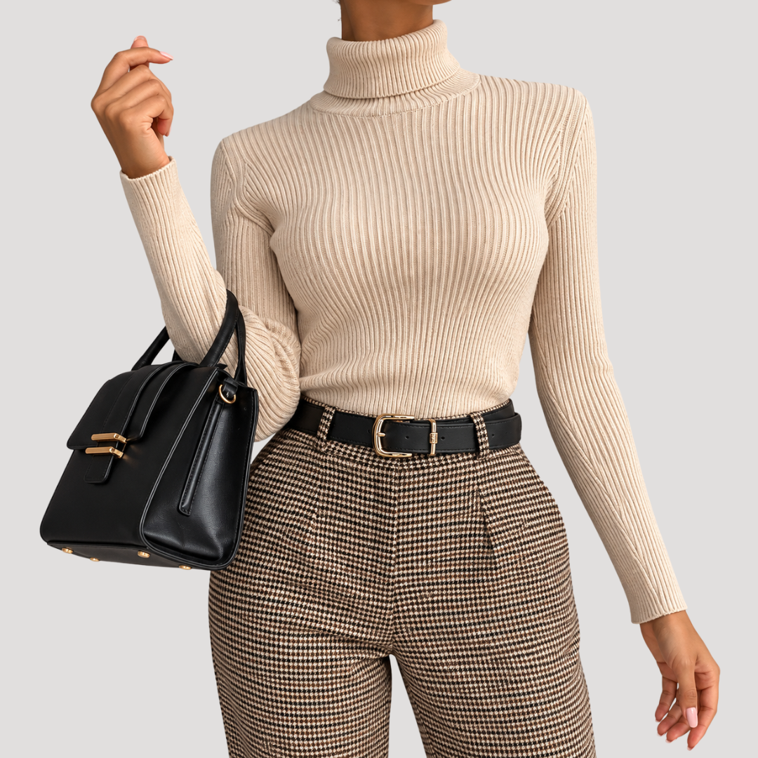 Fitted Women's Sweater with High Neck and Long Sleeves