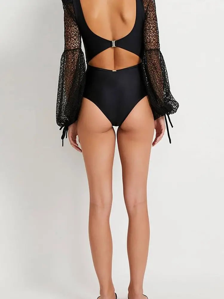 Long Sleeve Sheer Mesh Cutout Swimsuit