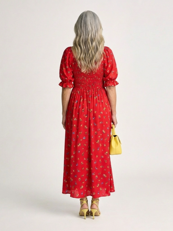 Emma & Rose Cape Town Delphine™ puff sleeve midi dress with fitted waist and flowy skirt, stylish and elegant for special occasions.