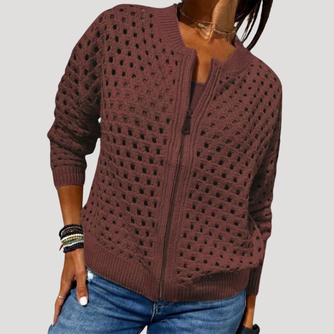 Women's Openwork Knit Zip Cardigan