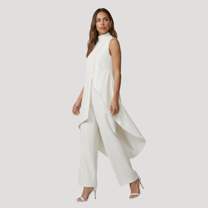 Elegant Women's Asymmetrical Long Top and Wide Leg Pants Set