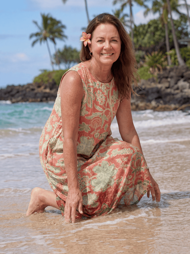 Maui™ Beach Midi Dress by Emma & Rose Cape Town, flowy fabric, tropical print, sleeveless design, perfect for summer beachwear