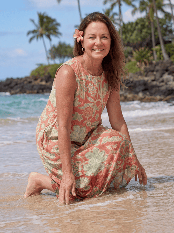 Maui™ Beach Midi Dress by Emma & Rose Cape Town, flowy fabric, tropical print, sleeveless design, perfect for summer beachwear