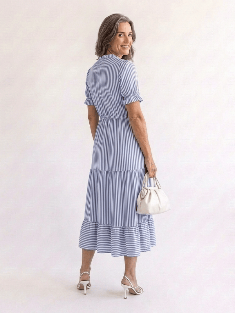 Emma & Rose Cape Town Dakota striped tiered midi dress with a flowy, layered design and bold horizontal stripe pattern.