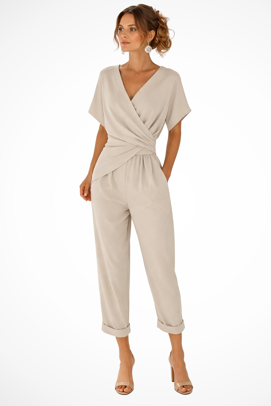 Short wrap jumpsuit for women – Short sleeves and pockets – Casual summer style