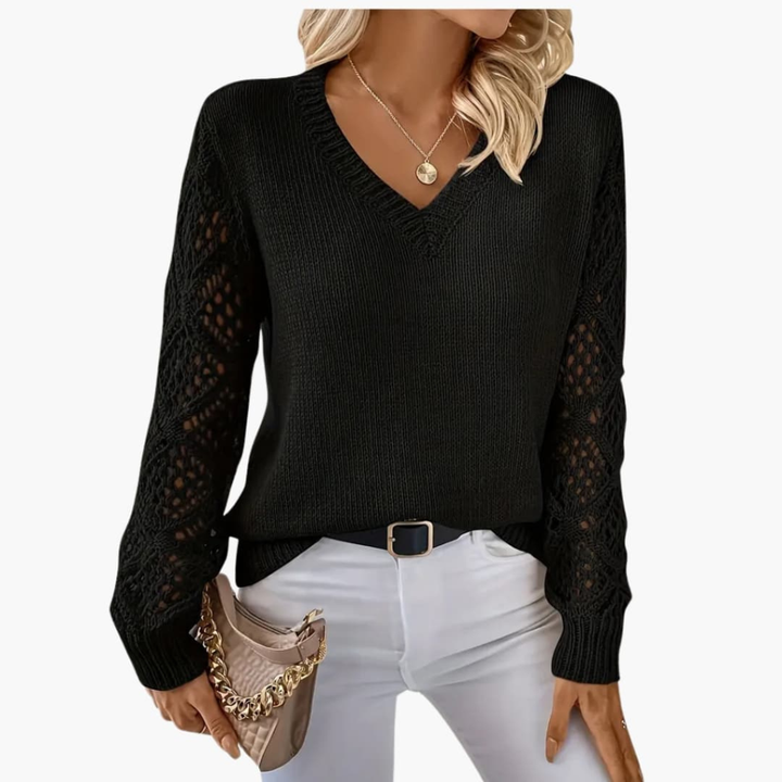 Women's V-Neck Knitted Jumper with Open Sleeve Detail - Elena Harper