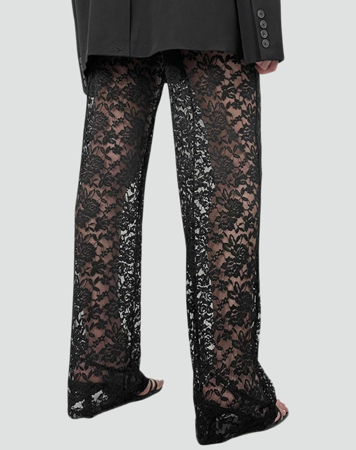 Flared Pants for Women with Lace Floral Pattern and Elastic Waist