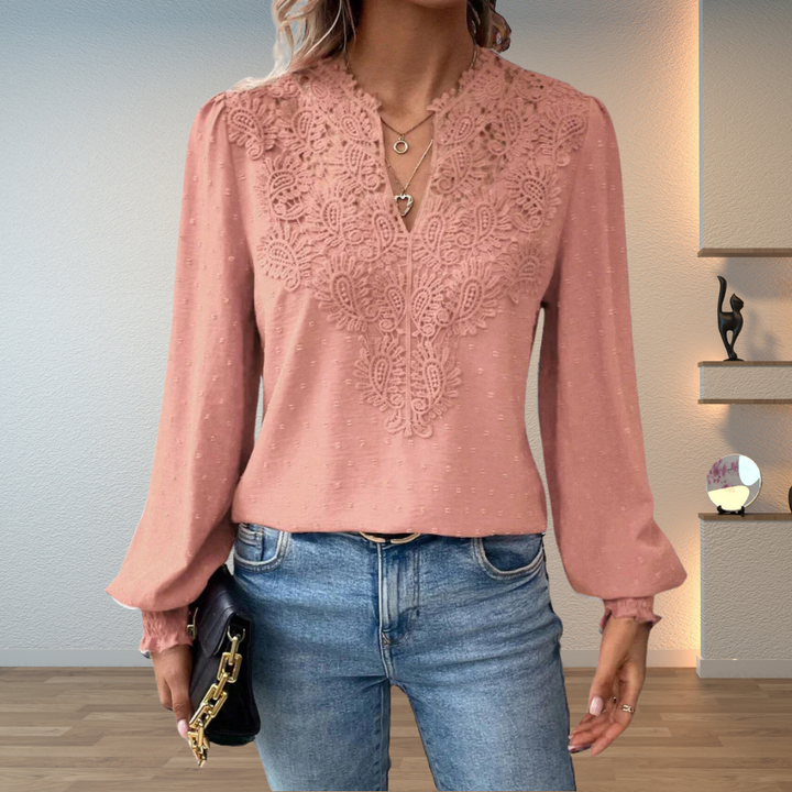 Lillian | Ladies V-Neck Long Sleeve Floral Detail Blouse Top