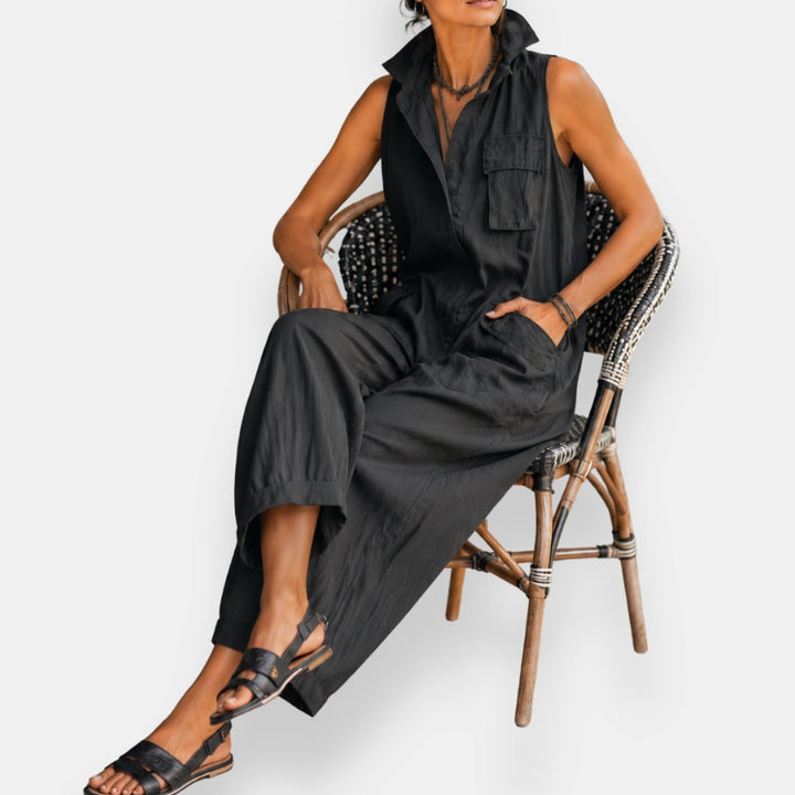 Women's Sleeveless Utility Style Jumpsuit with Structured Collar