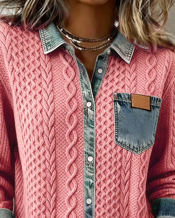 Women's Cable Knit Button-Front Blouse Elegant Textured Top, view 7 - Elena Harper