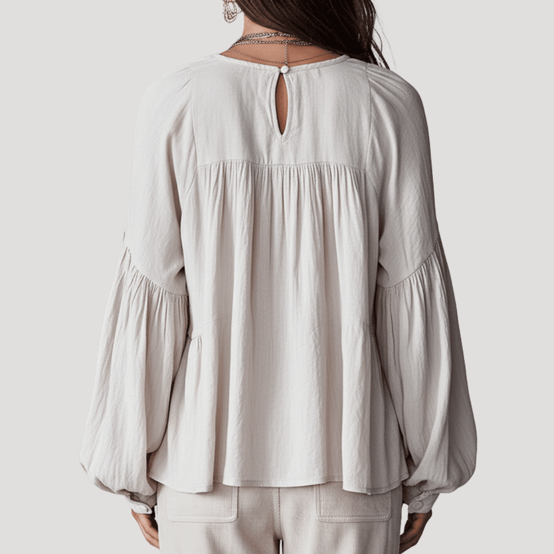 Women's V-Neck Blouse with Ruffles and Long Sleeves