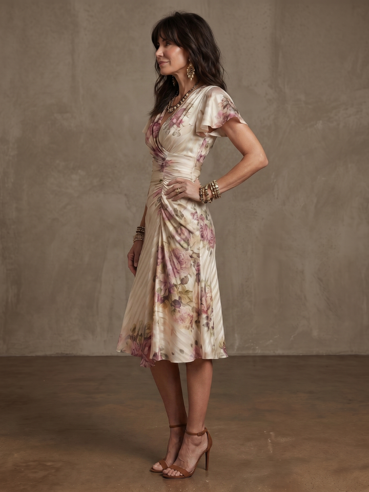 Women's Floral Wrap Ruched Midi Dress