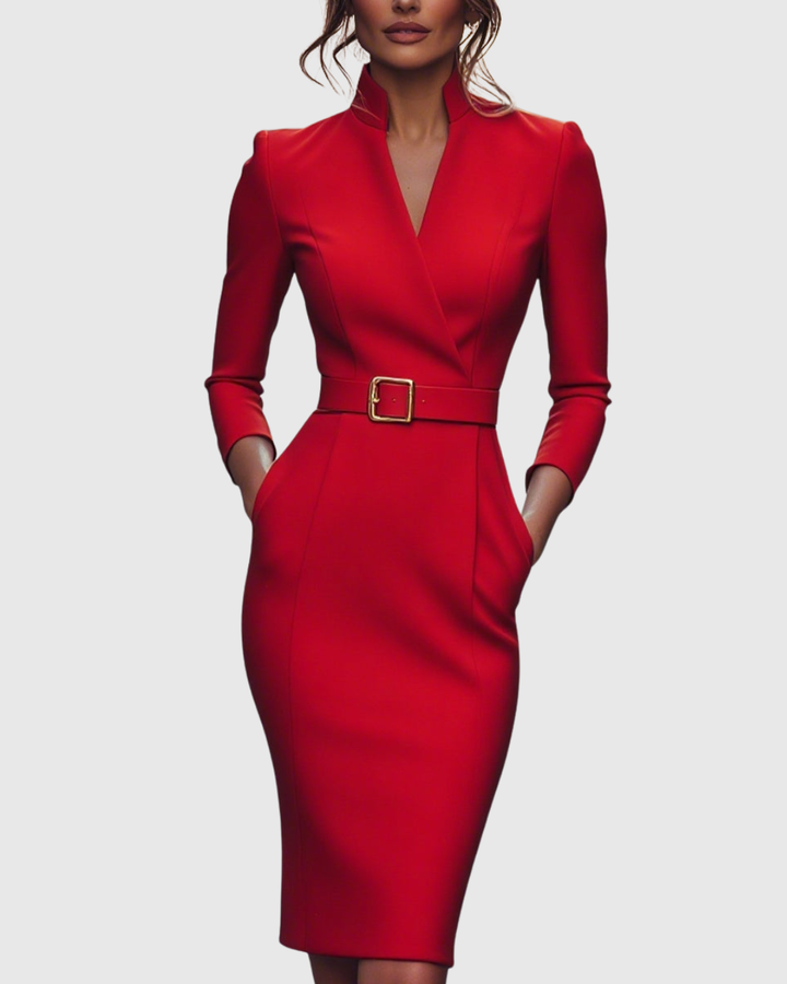 Women's Elegant Mock Wrap Midi Dress with Flattering Belt