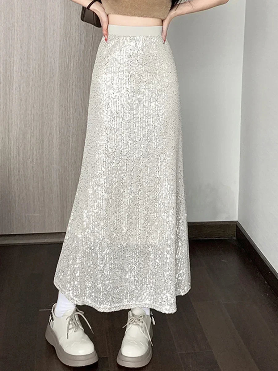 Women's Shimmering Sequin Maxi Skirt with Elastic Waist