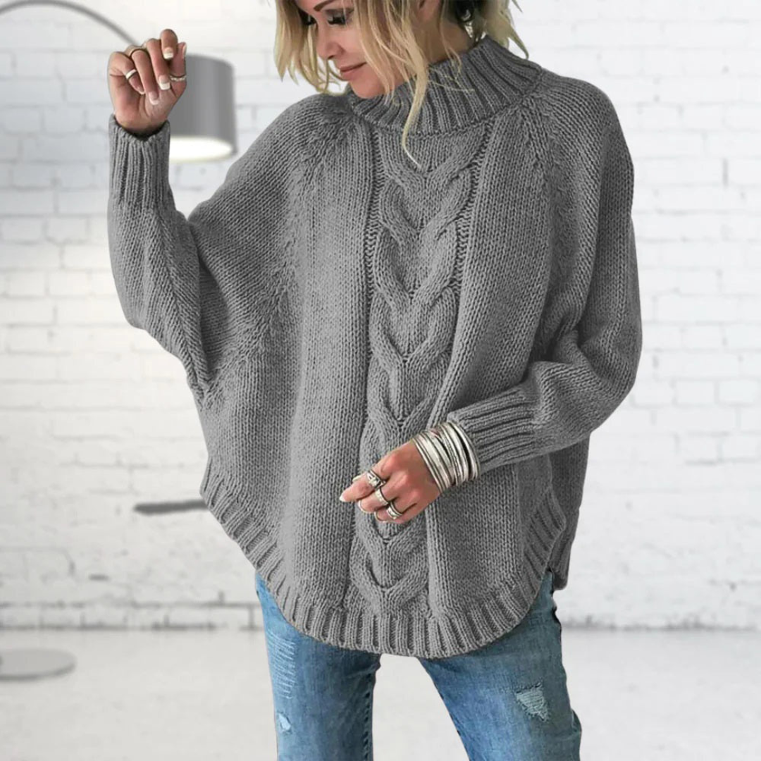 Blue Knit Turtleneck Sweater for Women – Loose and Casual Pullover