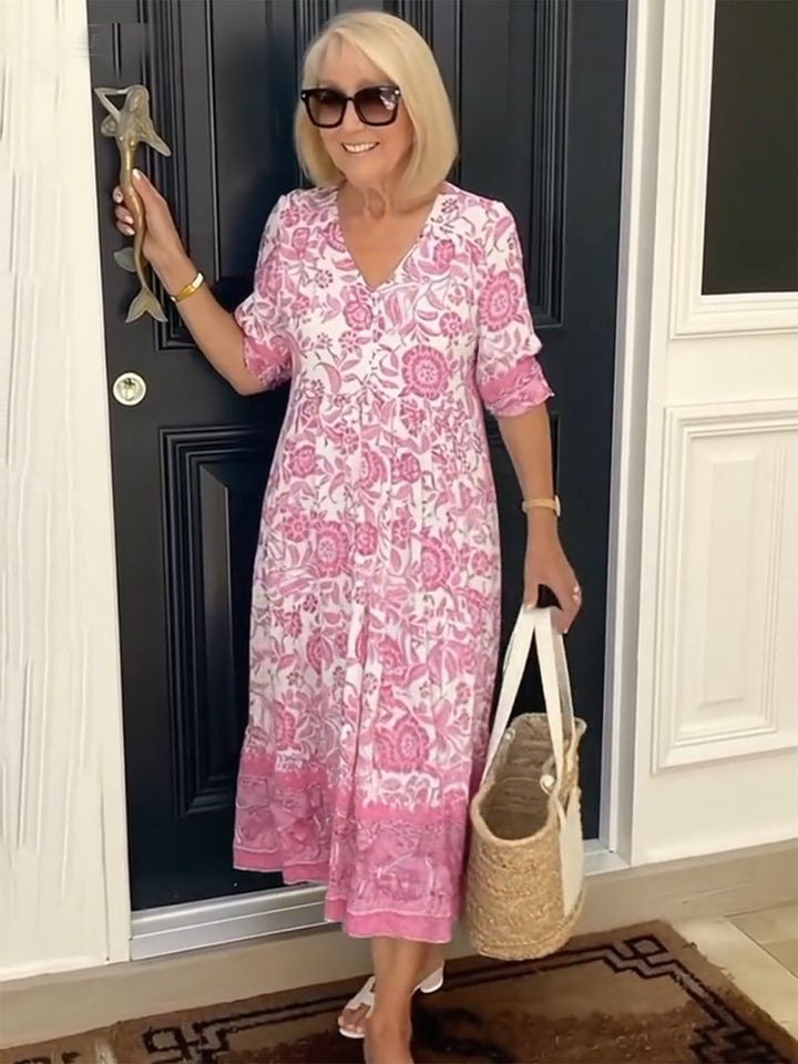 Rosalie Graceful V-Neck Floral Dress, view 3 - Elena Harper