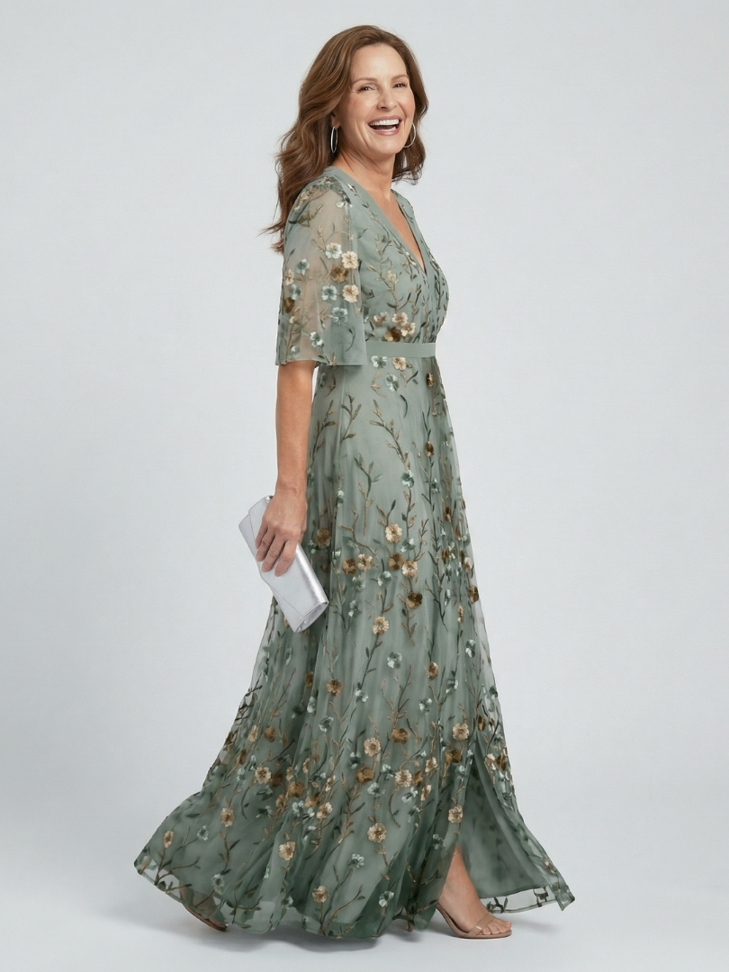 Long floral dress for women with wrap neckline