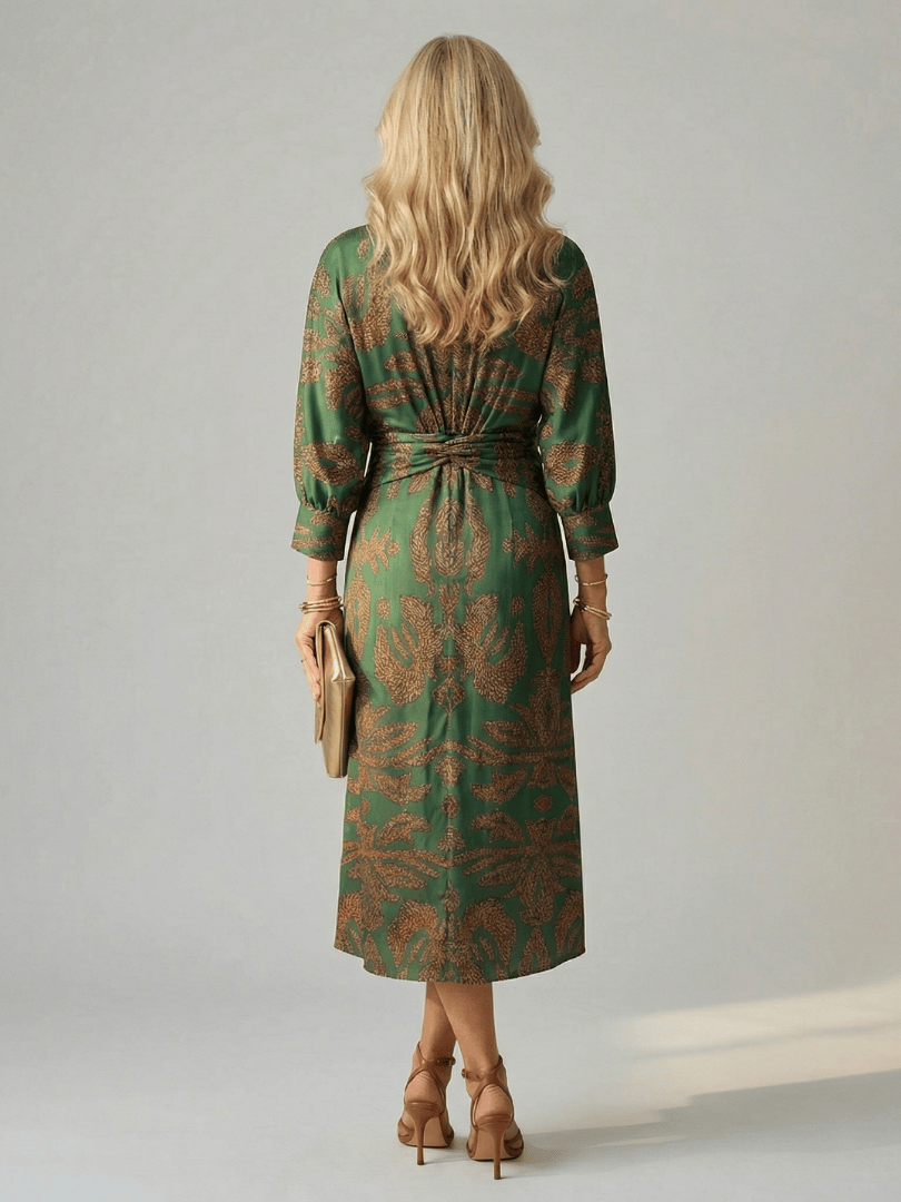 Lune™ Natural Wrap Midi Dress by Emma & Rose Cape Town, featuring flowing fabric and elegant design, displayed on a model.