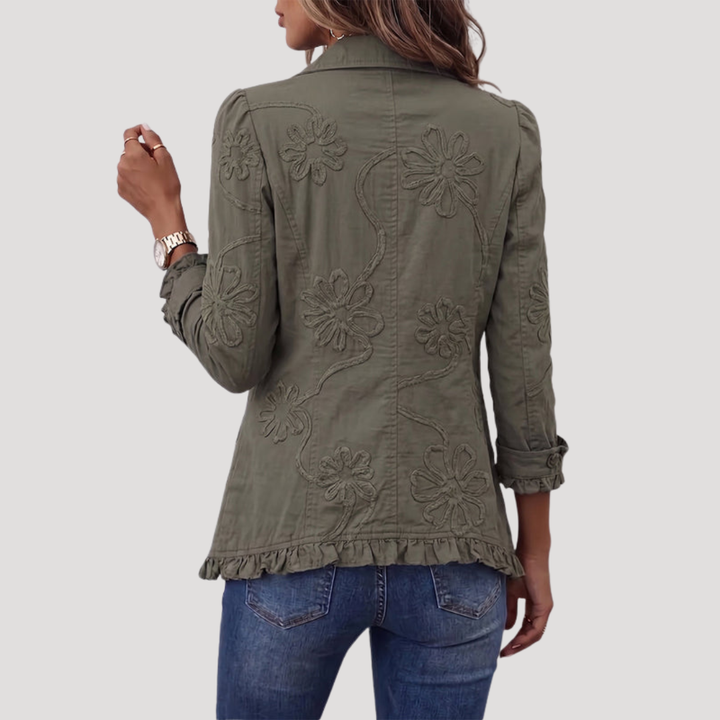 Embroidered Buttoned Women's Jacket with Ruffles