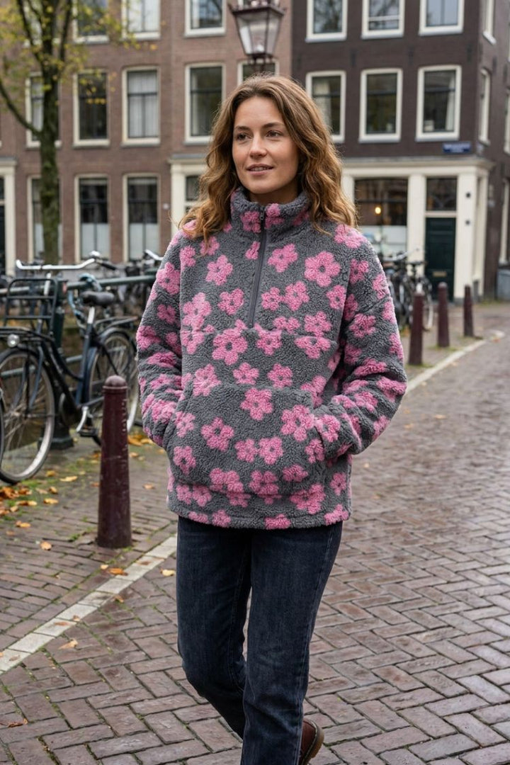 Women's Oversized Sweater with Floral Pattern | High Neck & Loose Fit