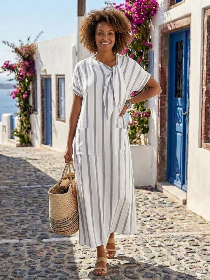 Elaris Short Sleeve Striped Tie Neck Pocket Midi Dress - Elena Harper