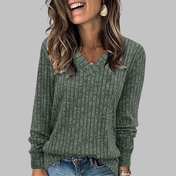 Deri Comfortable Long V-Neck Sweater, view 7 - Elena Harper
