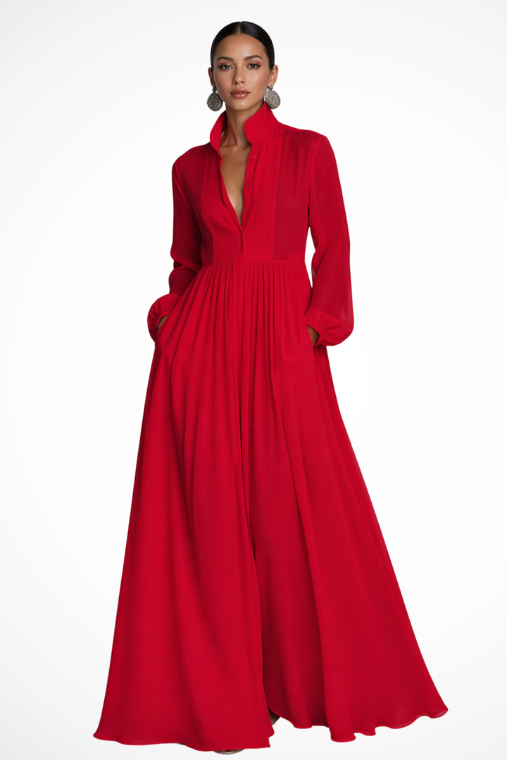 Ladies Maxi Dress Long Sleeve with Buttons and Pockets, view 4 - Elena Harper